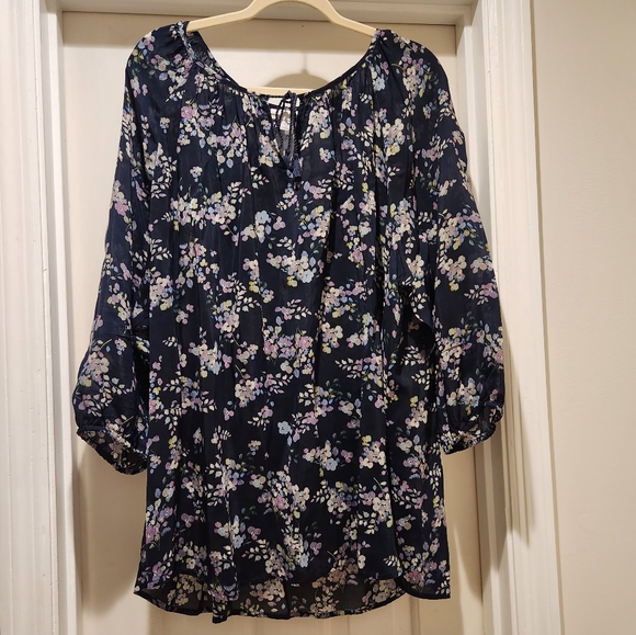 J. Jill Tops J Jill 34 Sleeve Sheer Top Floral And Navy Blue Poshmark